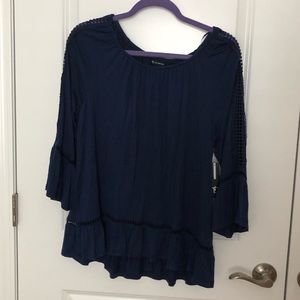 Navy Blue Boho Bell Sleeve Blouse